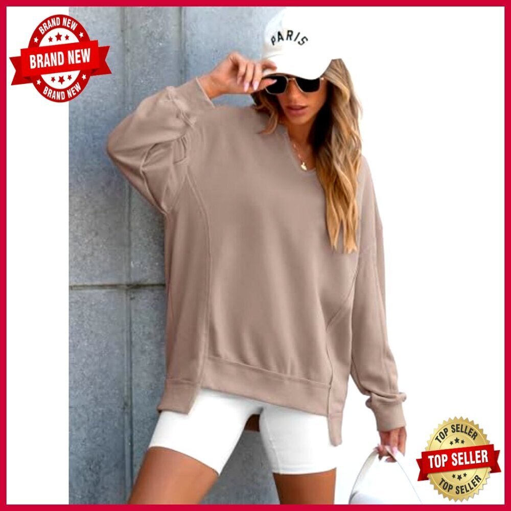 Oversized V-Neck Sweatshirt Tunic Pullover Long Sleeve Loose Fit - Picture 3 of 7